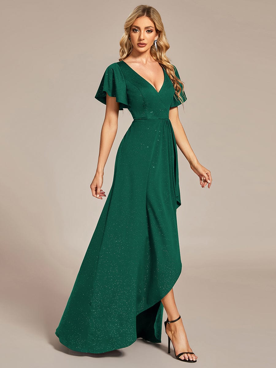 Ruffled Sleeve Tea Length Evening Dress with Side Split