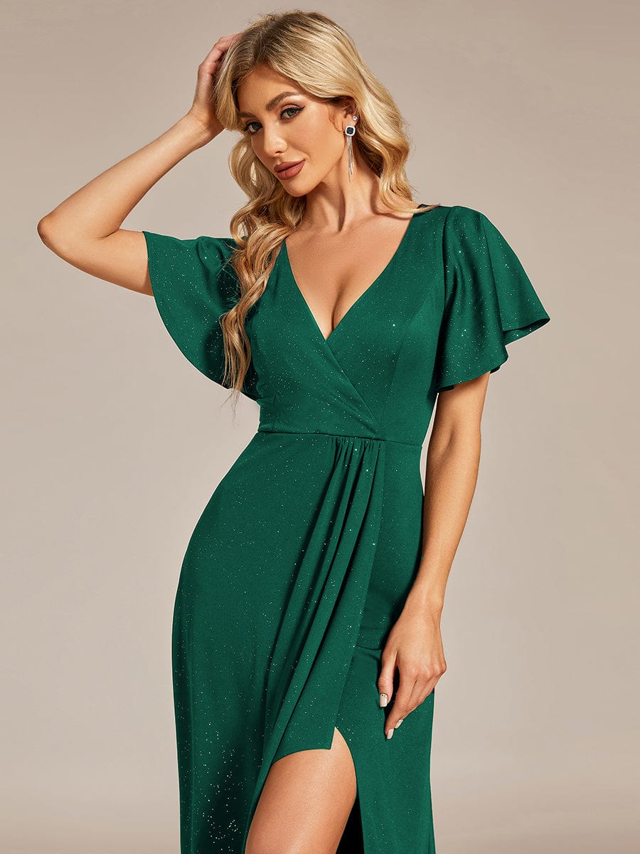 Ruffled Sleeve Tea Length Evening Dress with Side Split