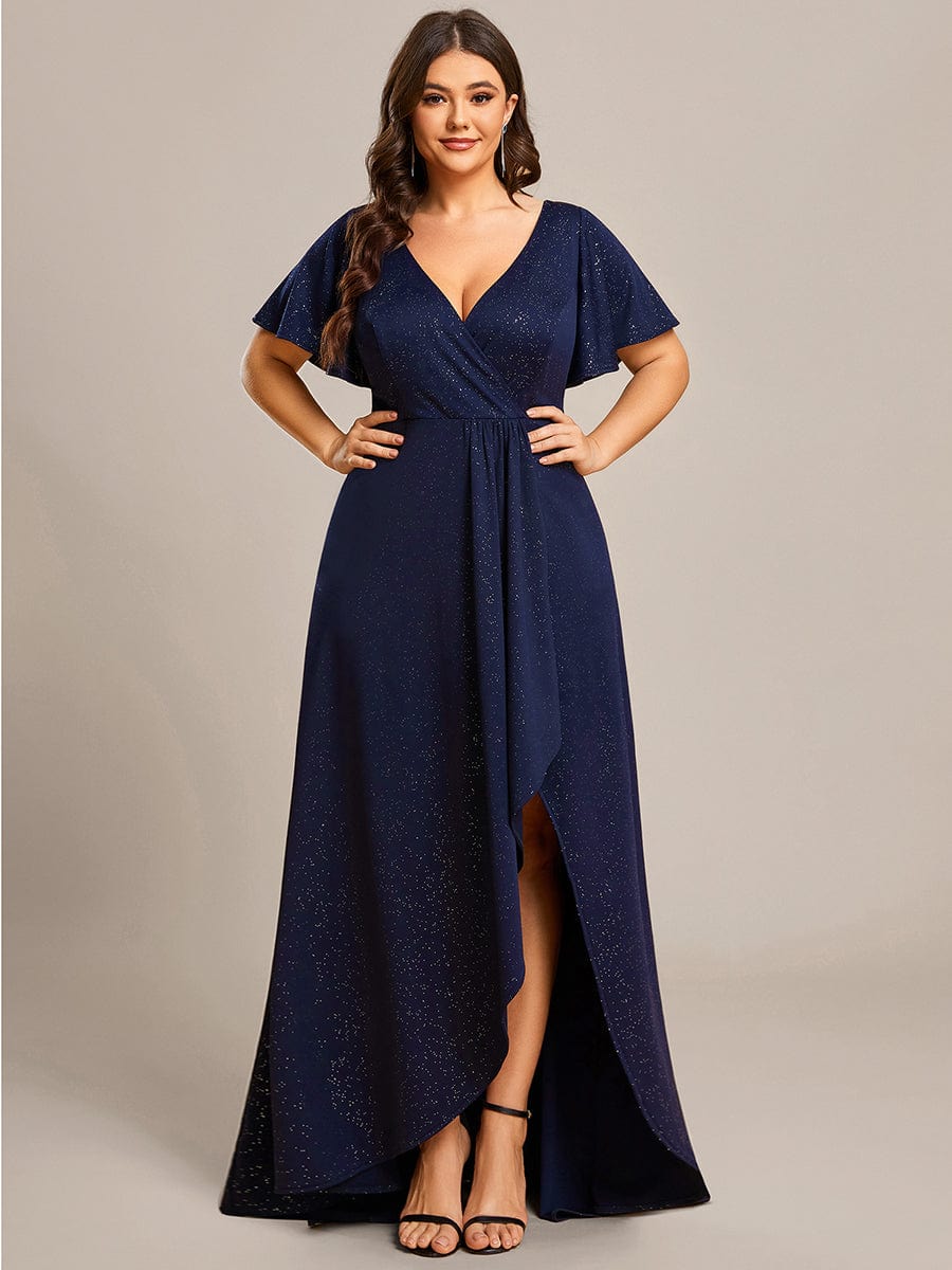 Ruffled Sleeve Tea Length Evening Dress with Side Split