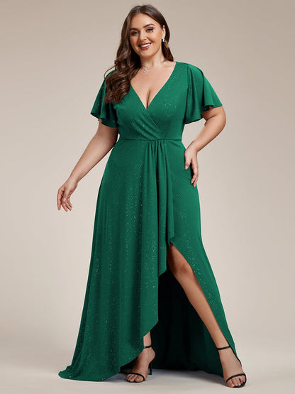 Ruffled Sleeve Tea Length Evening Dress with Side Split