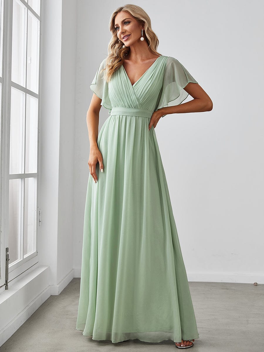 Ruffled Sleeves A-Line Bridesmaid Dress with Deep V Neck