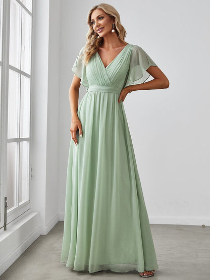 Ruffled Sleeves A-Line Bridesmaid Dress with Deep V Neck