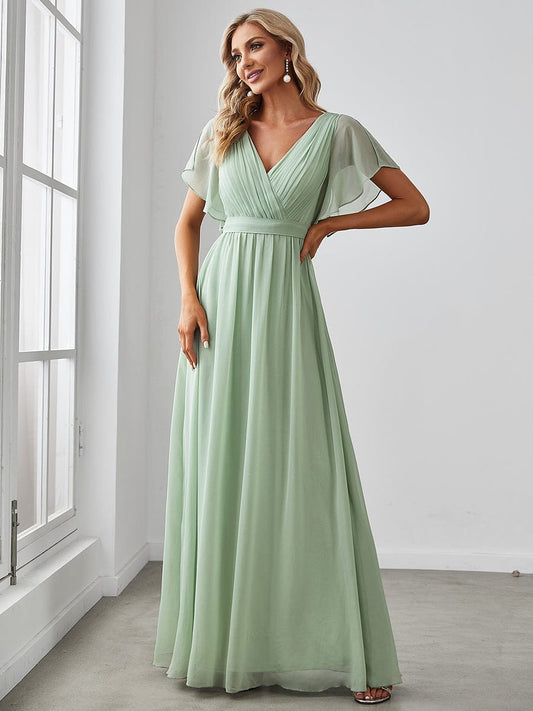 Ruffled Sleeves A-Line Bridesmaid Dress with Deep V Neck