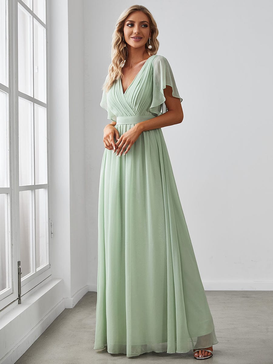 Ruffled Sleeves A-Line Bridesmaid Dress with Deep V Neck
