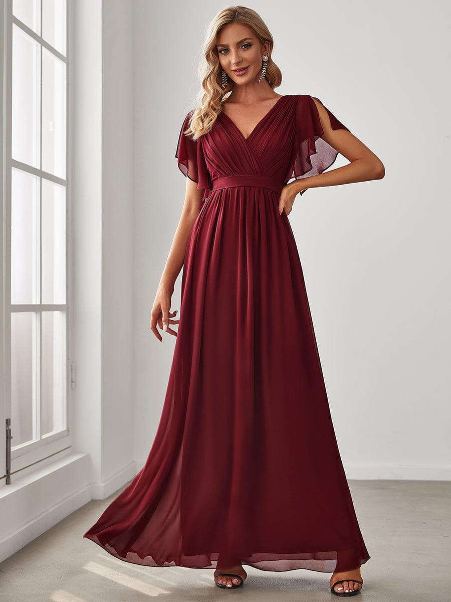 Ruffled Sleeves A-Line Bridesmaid Dress with Deep V Neck