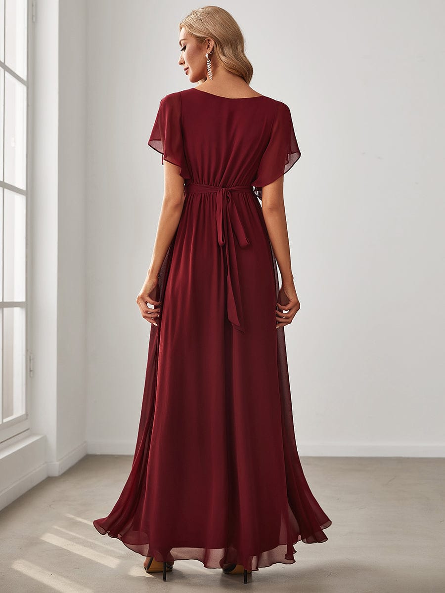 Ruffled Sleeves A-Line Bridesmaid Dress with Deep V Neck