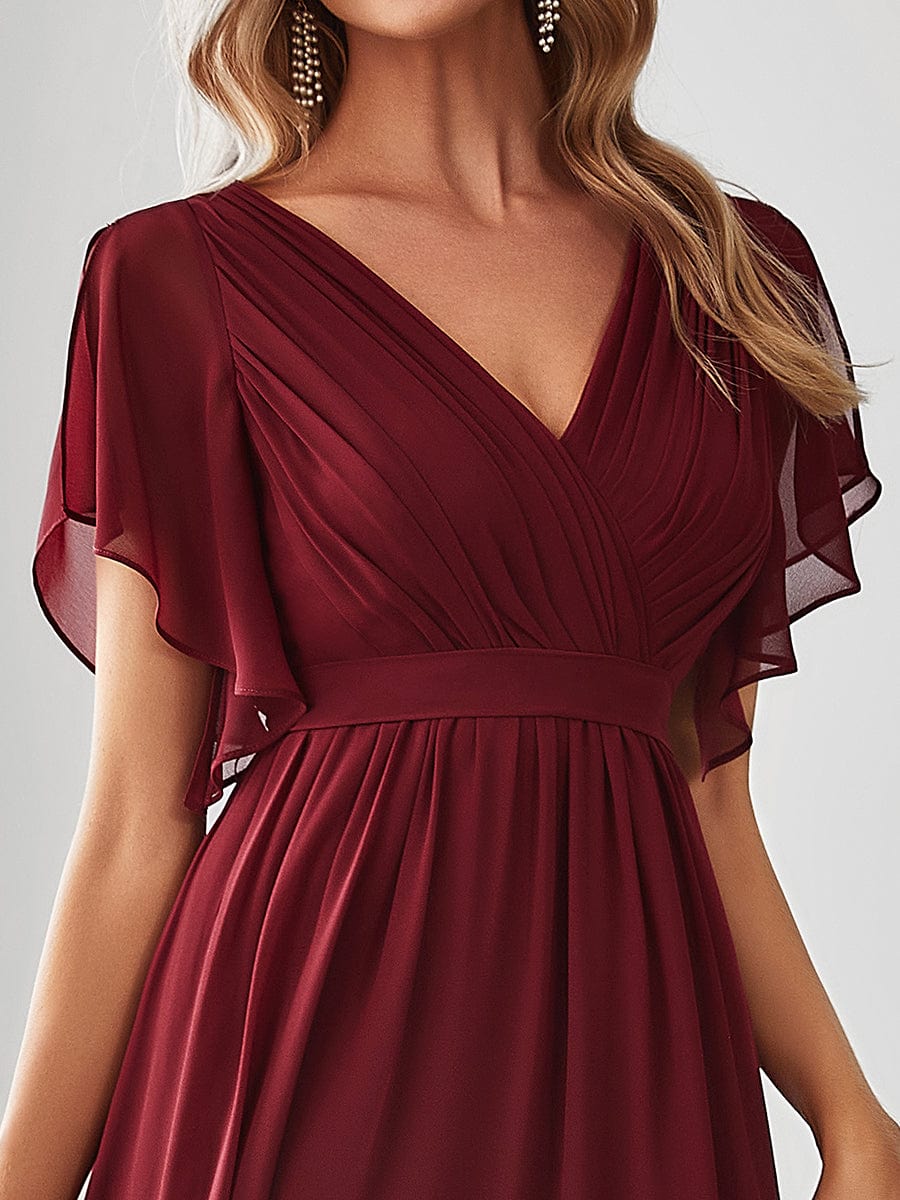 Ruffled Sleeves A-Line Bridesmaid Dress with Deep V Neck