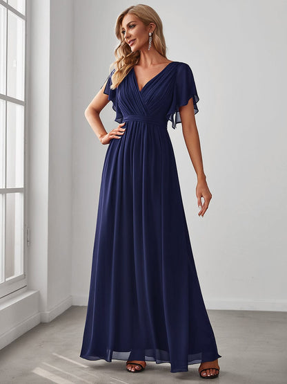 Ruffled Sleeves A-Line Bridesmaid Dress with Deep V Neck