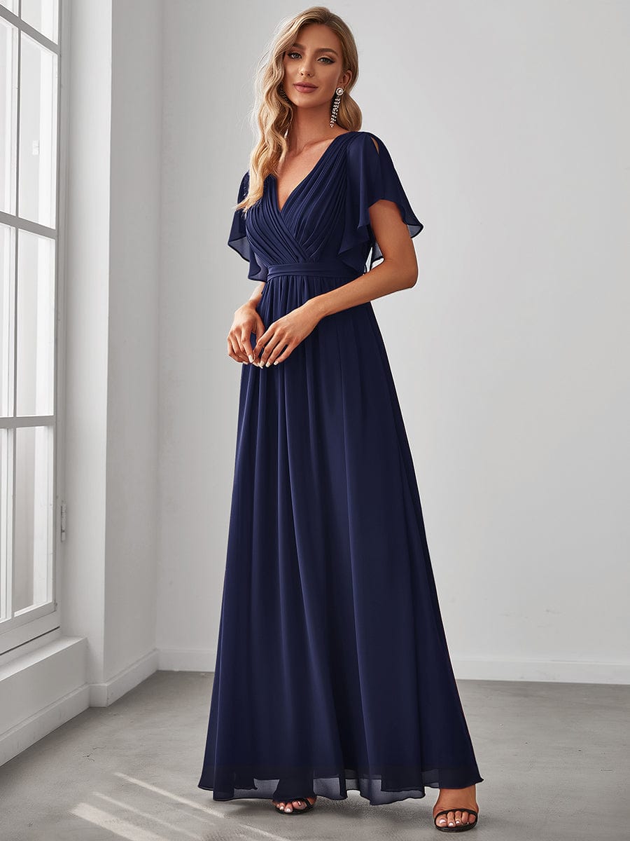 Ruffled Sleeves A-Line Bridesmaid Dress with Deep V Neck