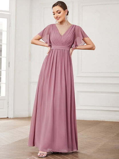 Ruffled Sleeves A-Line Bridesmaid Dress with Deep V Neck