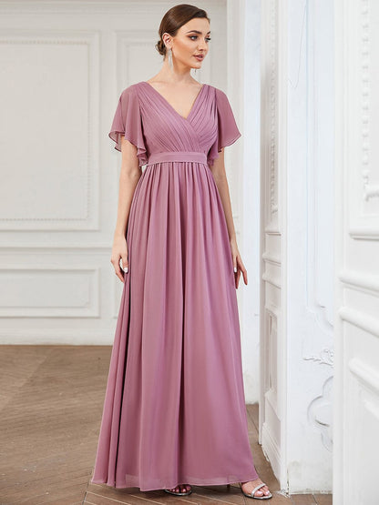 Ruffled Sleeves A-Line Bridesmaid Dress with Deep V Neck