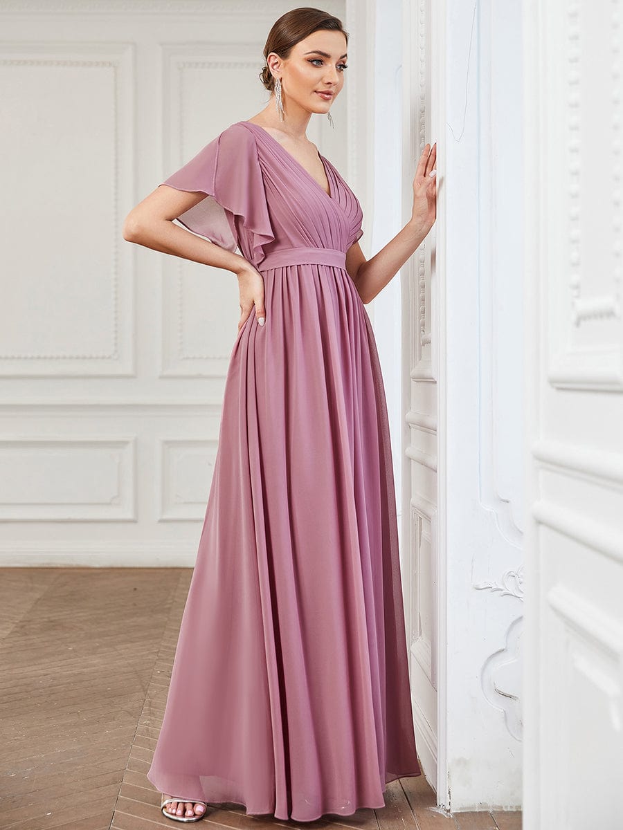Ruffled Sleeves A-Line Bridesmaid Dress with Deep V Neck