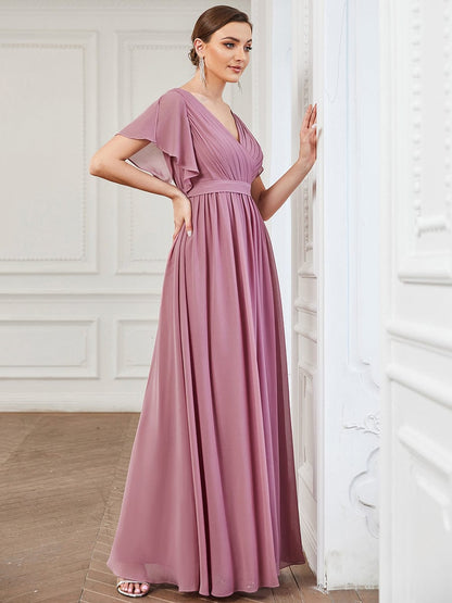 Ruffled Sleeves A-Line Bridesmaid Dress with Deep V Neck