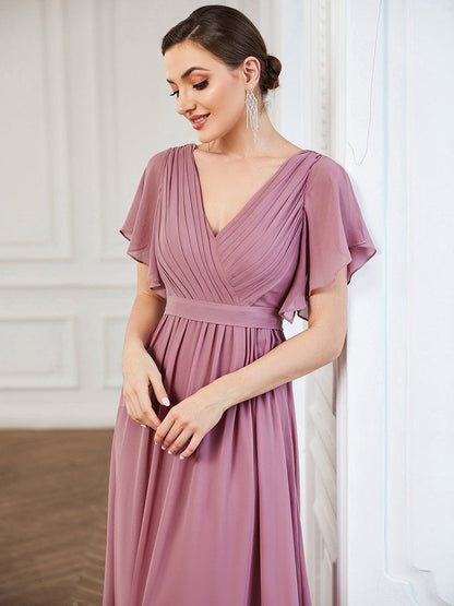 Ruffled Sleeves A-Line Bridesmaid Dress with Deep V Neck