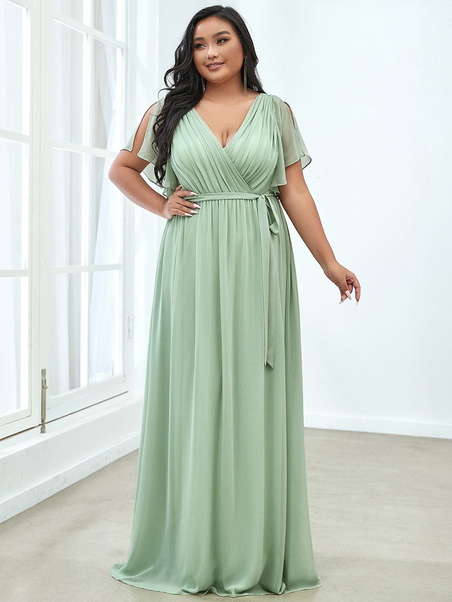 Ruffled Sleeves A-Line Bridesmaid Dress with Deep V Neck