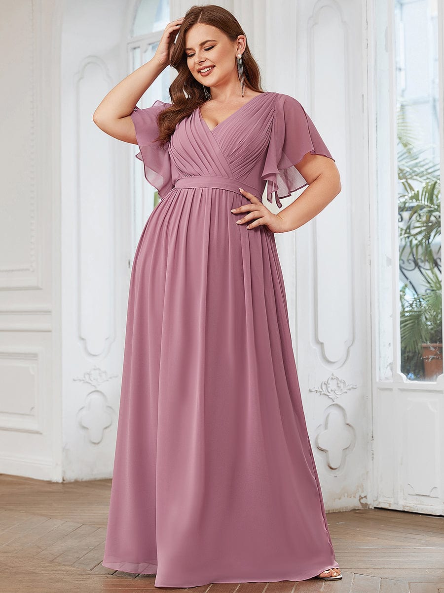 Ruffled Sleeves A-Line Bridesmaid Dress with Deep V Neck