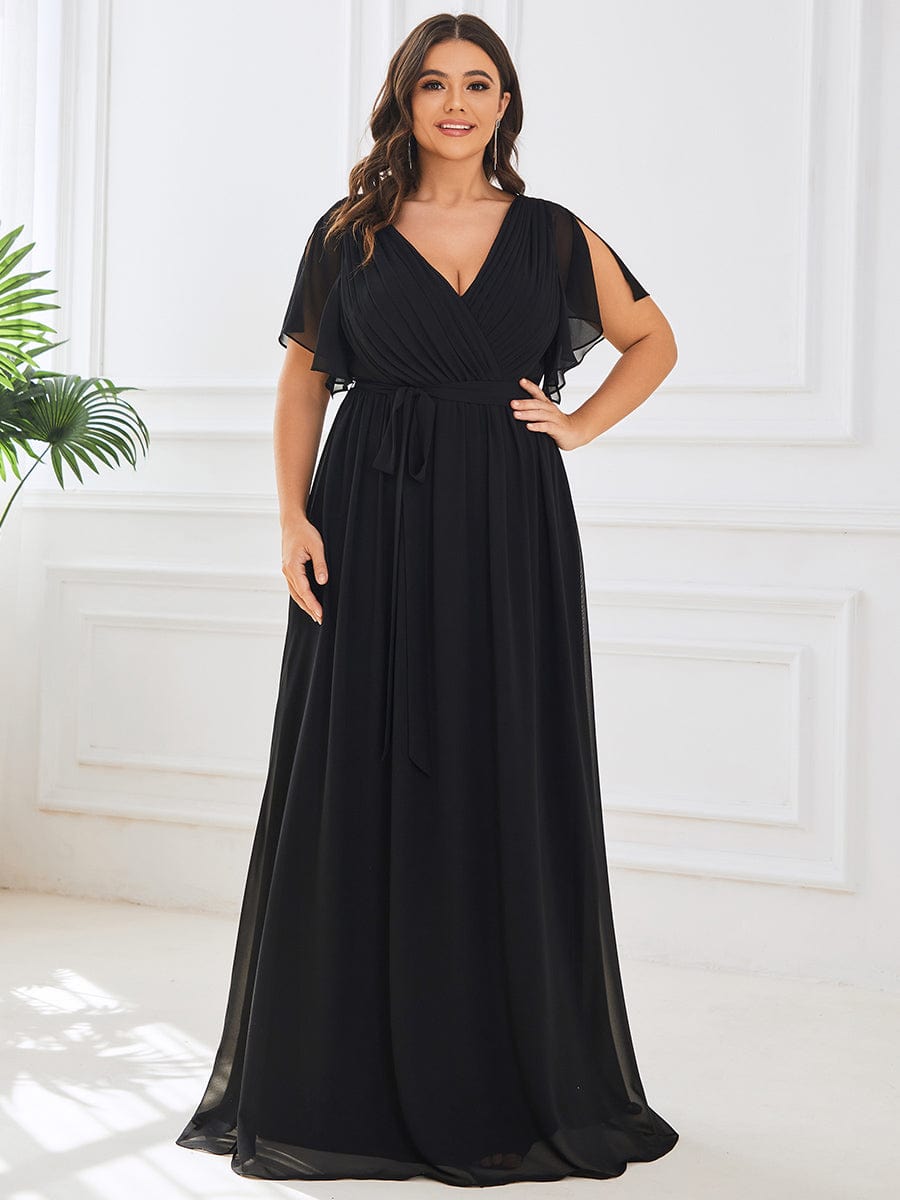 Ruffled Sleeves A-Line Bridesmaid Dress with Deep V Neck