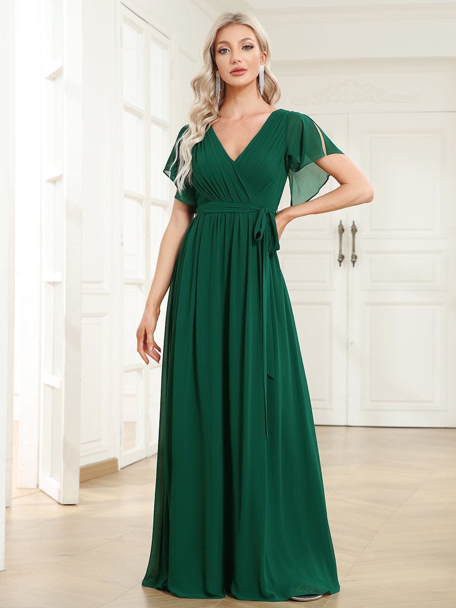 Ruffled Sleeves A-Line Bridesmaid Dress with Deep V Neck