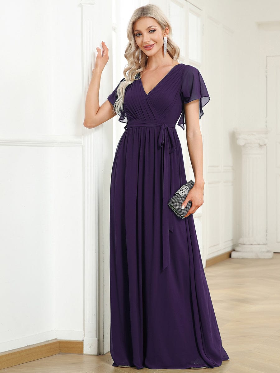 Ruffled Sleeves A-Line Bridesmaid Dress with Deep V Neck