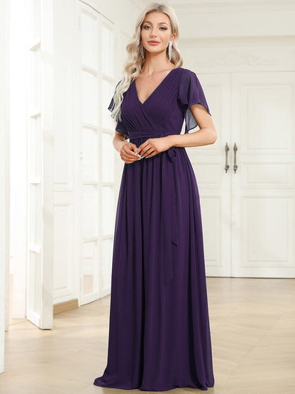 Ruffled Sleeves A-Line Bridesmaid Dress with Deep V Neck