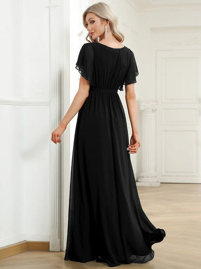 Ruffled Sleeves A-Line Bridesmaid Dress with Deep V Neck