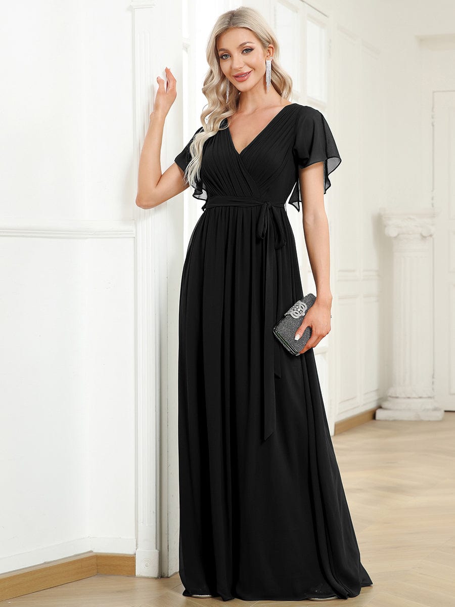 Ruffled Sleeves A-Line Bridesmaid Dress with Deep V Neck