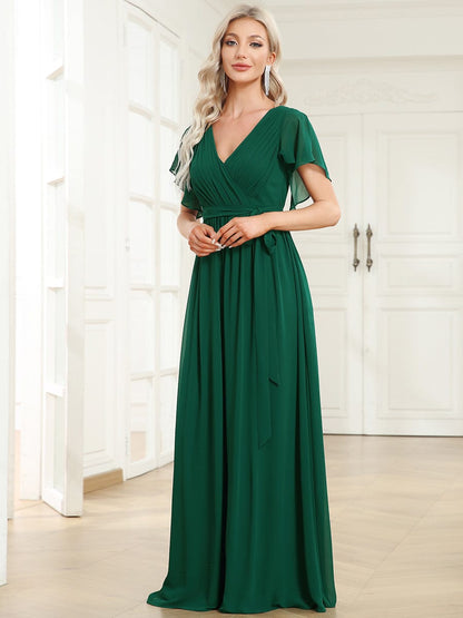 Ruffled Sleeves A-Line Bridesmaid Dress with Deep V Neck