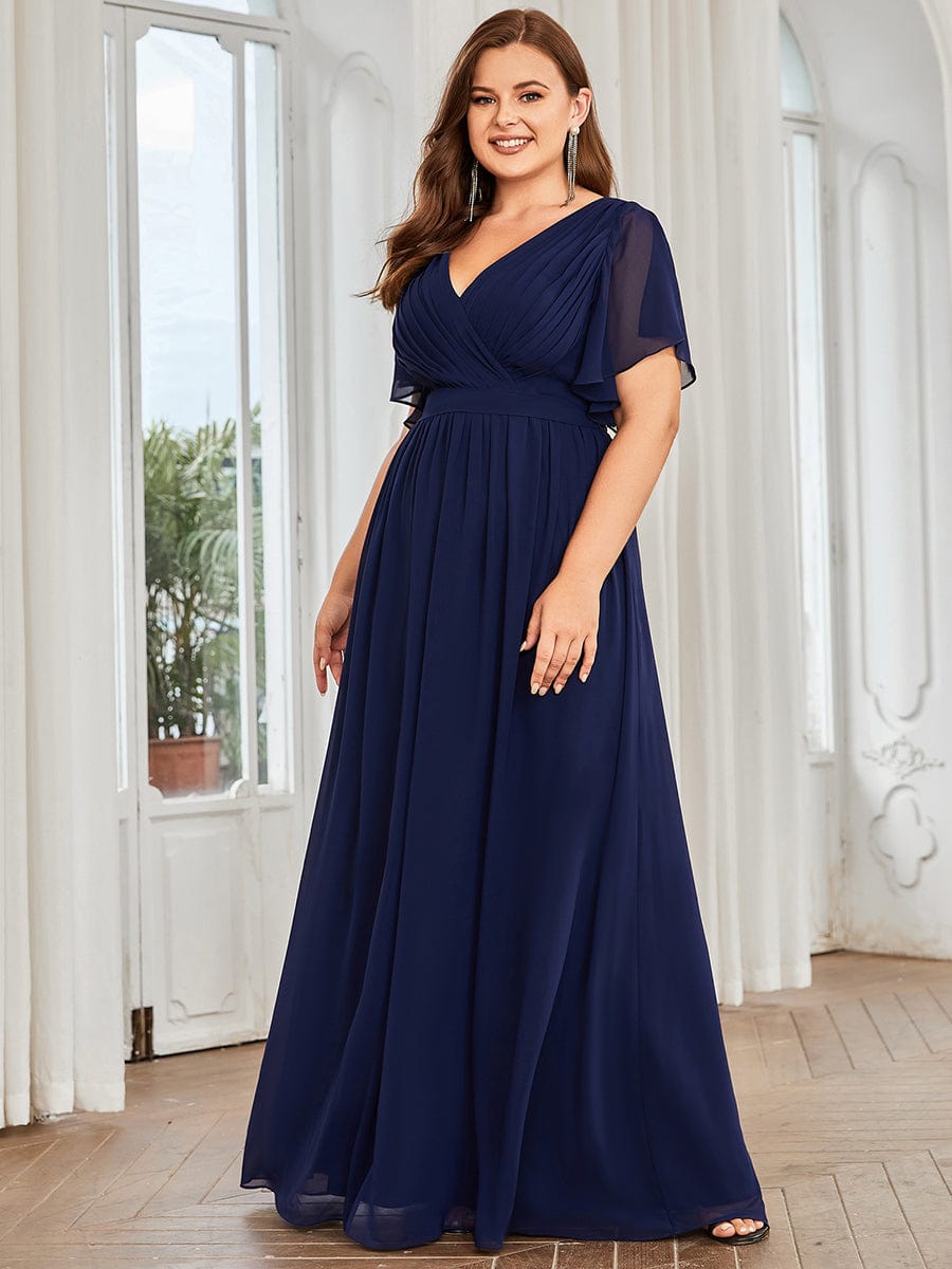 Ruffled Sleeves A-Line Bridesmaid Dress with Deep V Neck