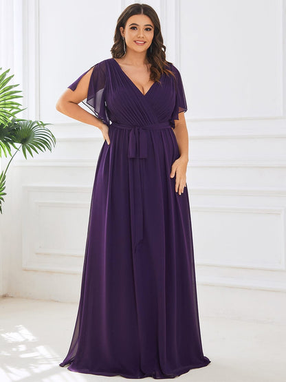 Ruffled Sleeves A-Line Bridesmaid Dress with Deep V Neck