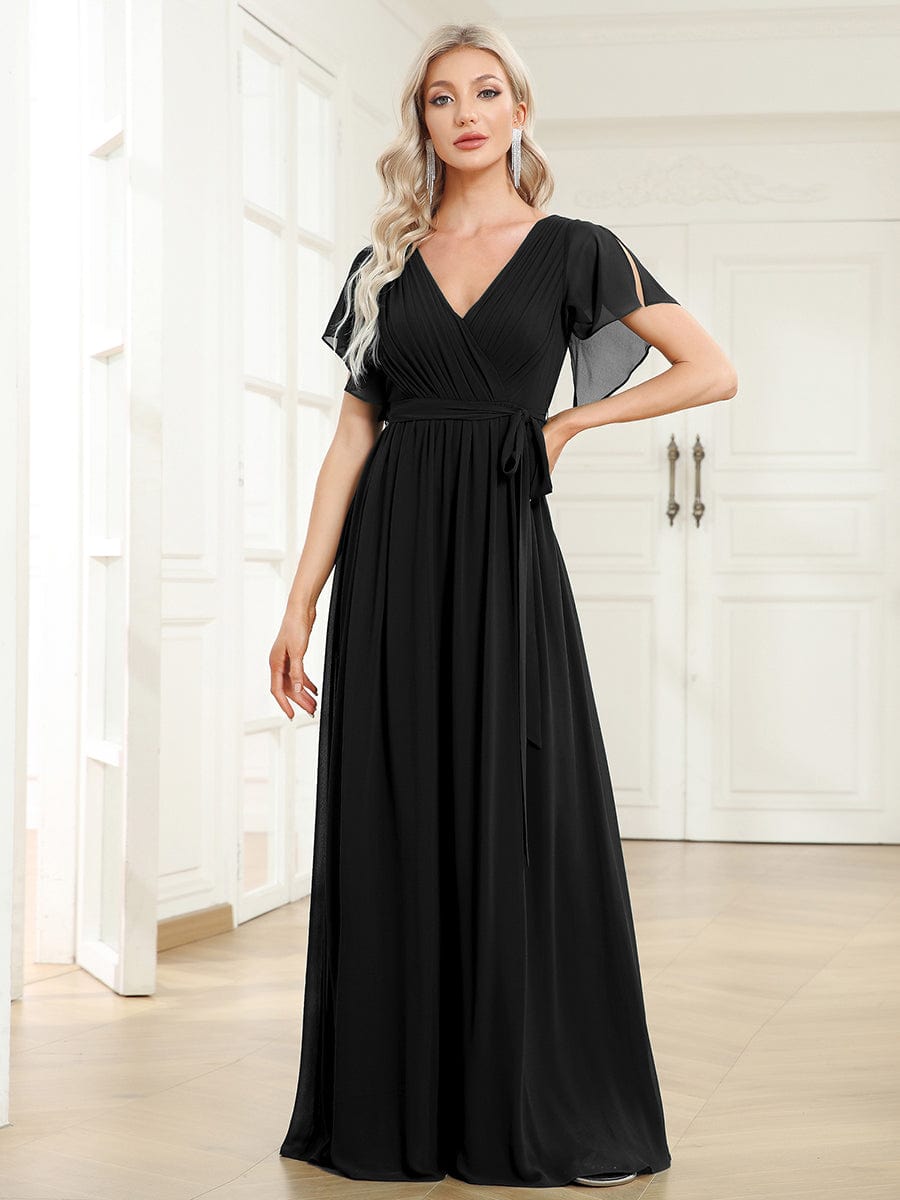 Ruffled Sleeves A-Line Bridesmaid Dress with Deep V Neck