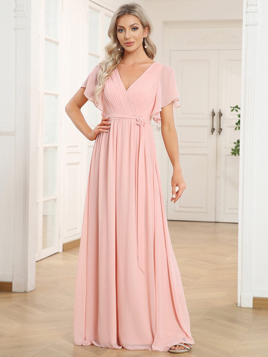 Ruffled Sleeves A-Line Bridesmaid Dress with Deep V Neck