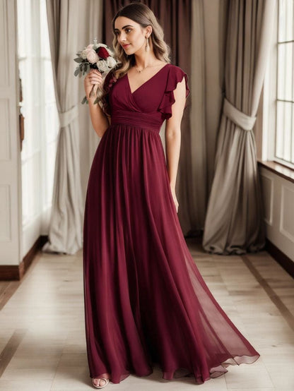 Ruffled V-Neck Bridesmaid Dress with Pleats and Belt