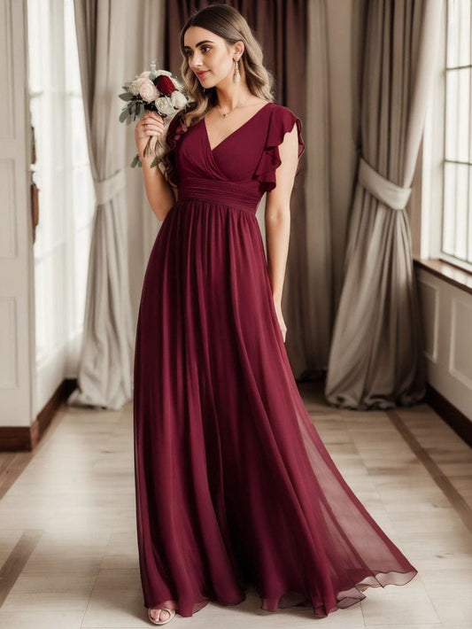 Ruffled V-Neck Bridesmaid Dress with Pleats and Belt