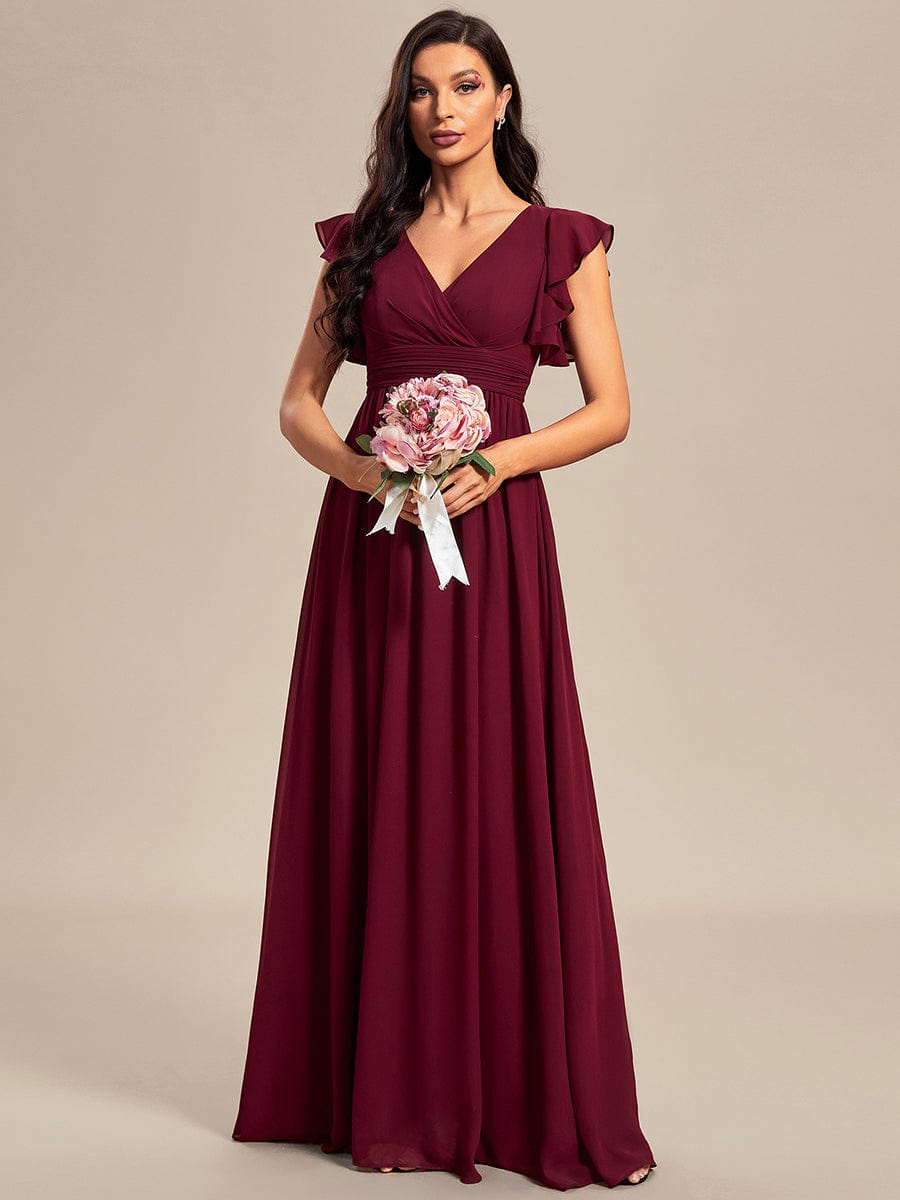 Ruffled V-Neck Bridesmaid Dress with Pleats and Belt