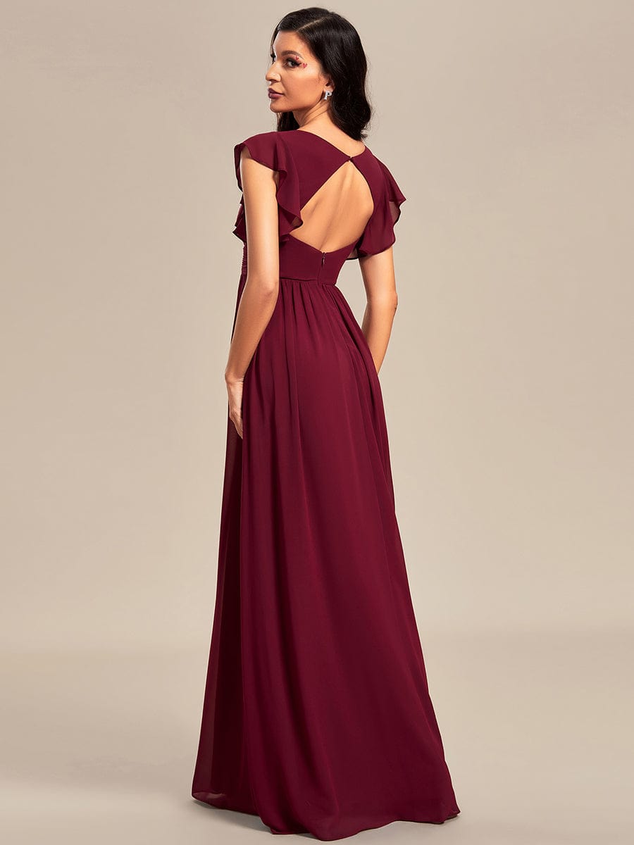Ruffled V-Neck Bridesmaid Dress with Pleats and Belt