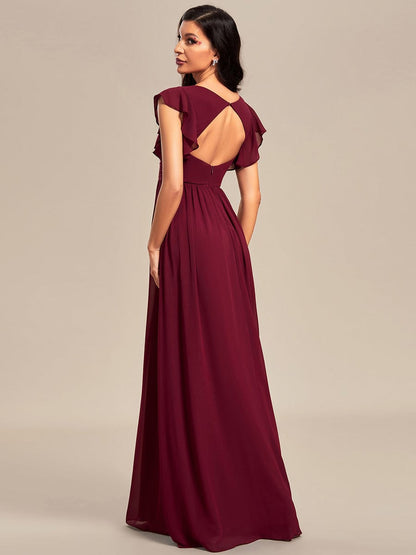 Ruffled V-Neck Bridesmaid Dress with Pleats and Belt