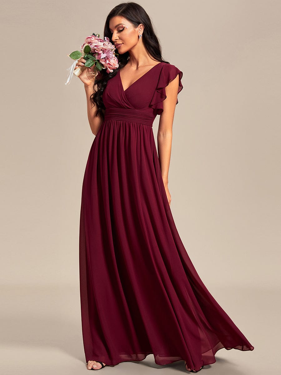 Ruffled V-Neck Bridesmaid Dress with Pleats and Belt