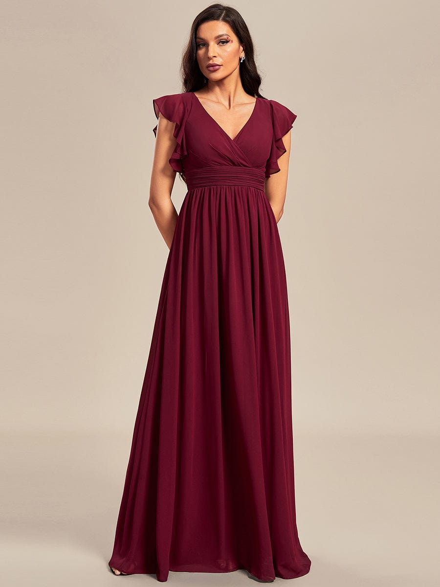 Ruffled V-Neck Bridesmaid Dress with Pleats and Belt