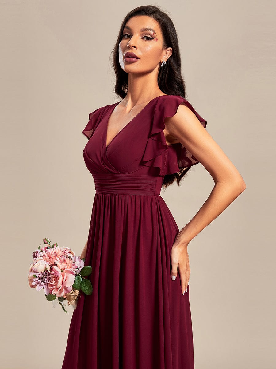 Ruffled V-Neck Bridesmaid Dress with Pleats and Belt