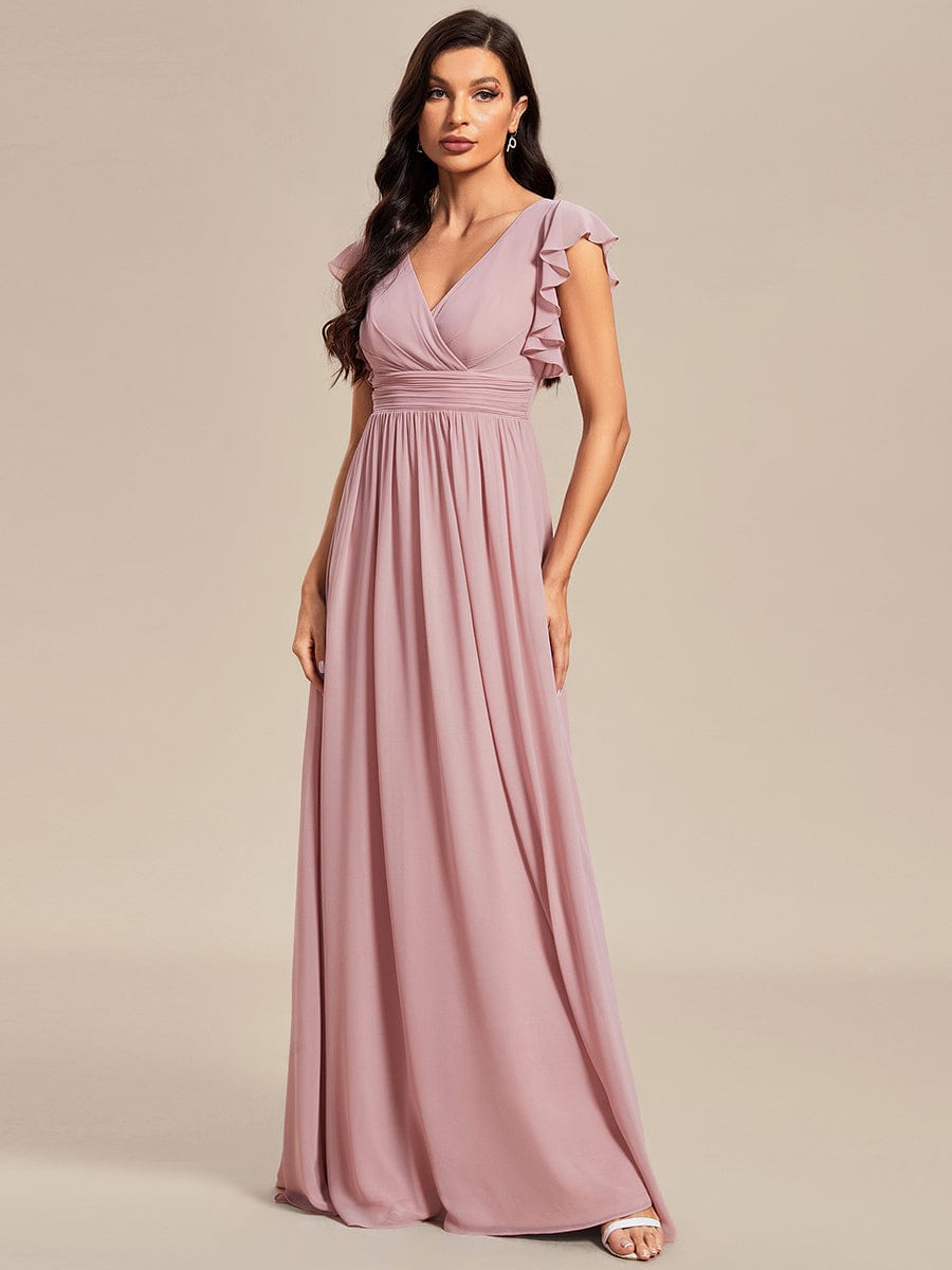Ruffled V-Neck Bridesmaid Dress with Pleats and Belt