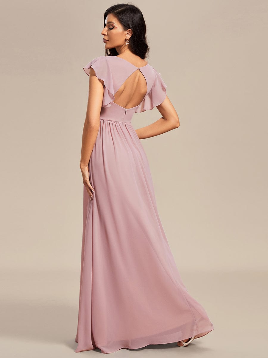 Ruffled V-Neck Bridesmaid Dress with Pleats and Belt
