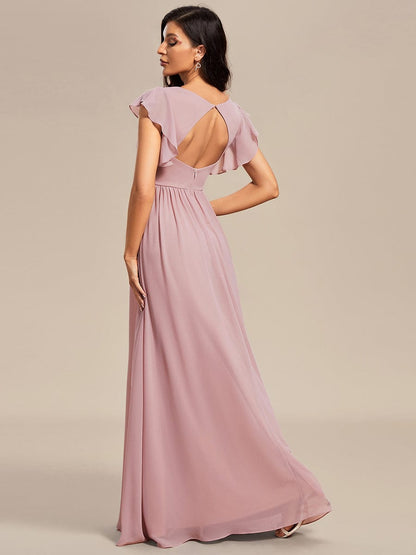 Ruffled V-Neck Bridesmaid Dress with Pleats and Belt