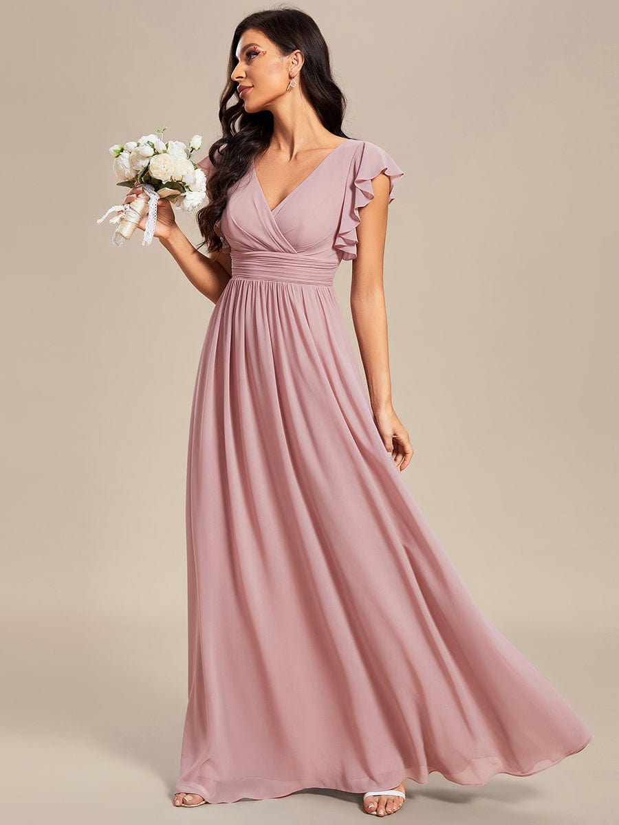 Ruffled V-Neck Bridesmaid Dress with Pleats and Belt