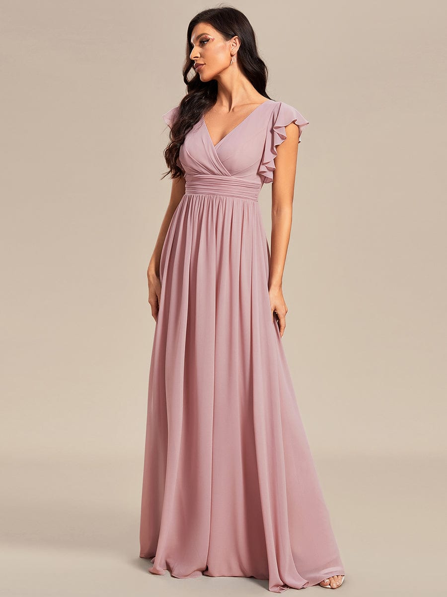 Ruffled V-Neck Bridesmaid Dress with Pleats and Belt