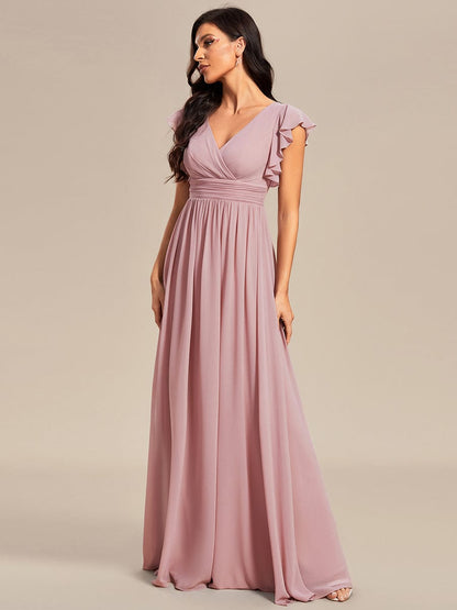 Ruffled V-Neck Bridesmaid Dress with Pleats and Belt