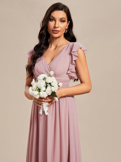 Ruffled V-Neck Bridesmaid Dress with Pleats and Belt