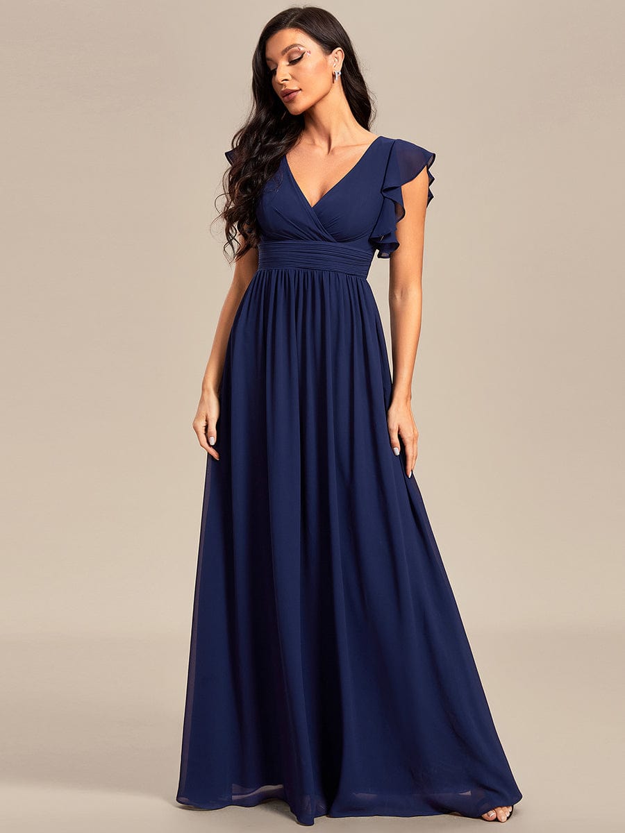 Ruffled V-Neck Bridesmaid Dress with Pleats and Belt