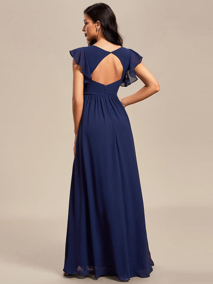 Ruffled V-Neck Bridesmaid Dress with Pleats and Belt