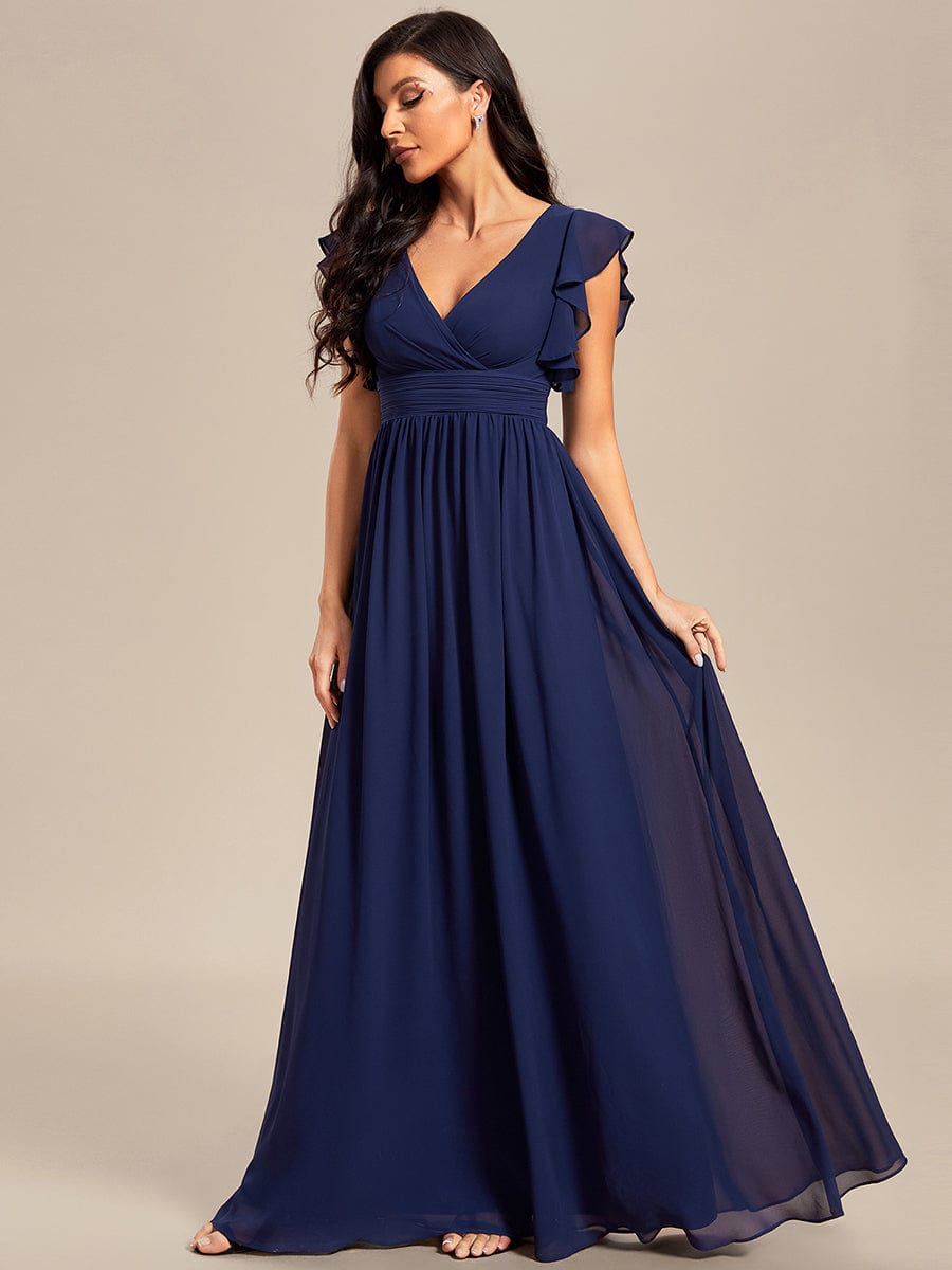 Ruffled V-Neck Bridesmaid Dress with Pleats and Belt