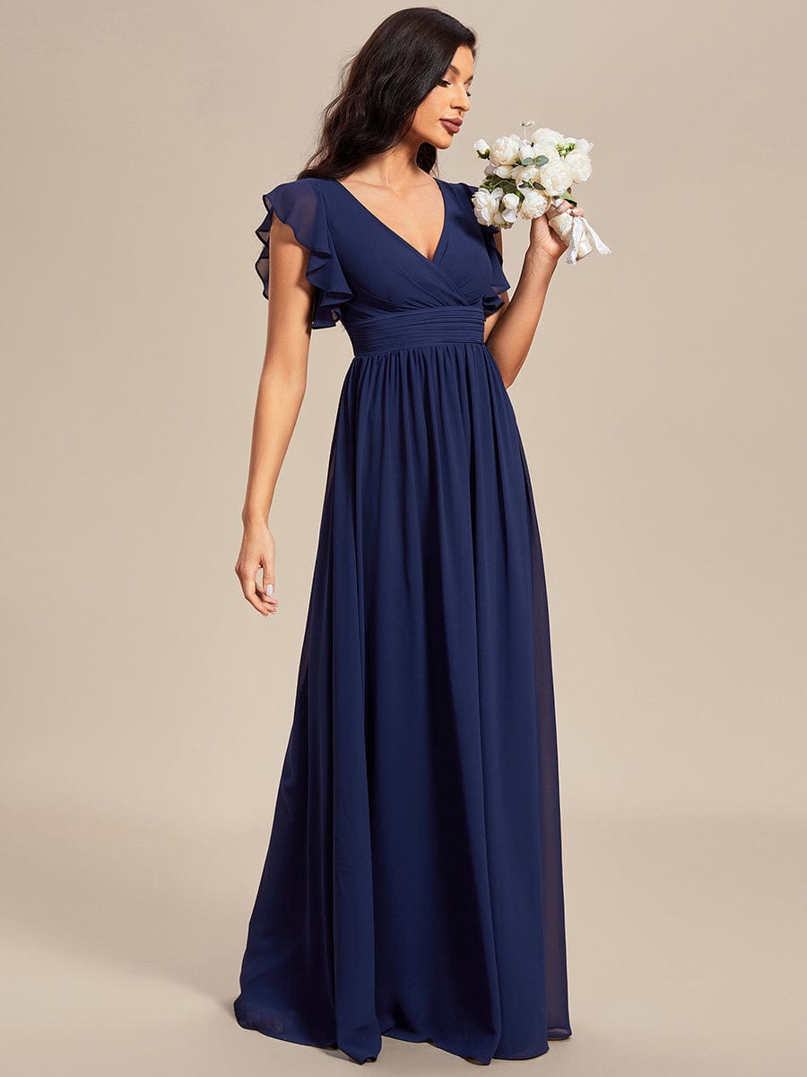 Ruffled V-Neck Bridesmaid Dress with Pleats and Belt